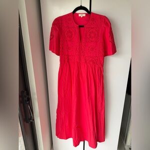 SUNCOO Bright Red Embroidered Midi Dress